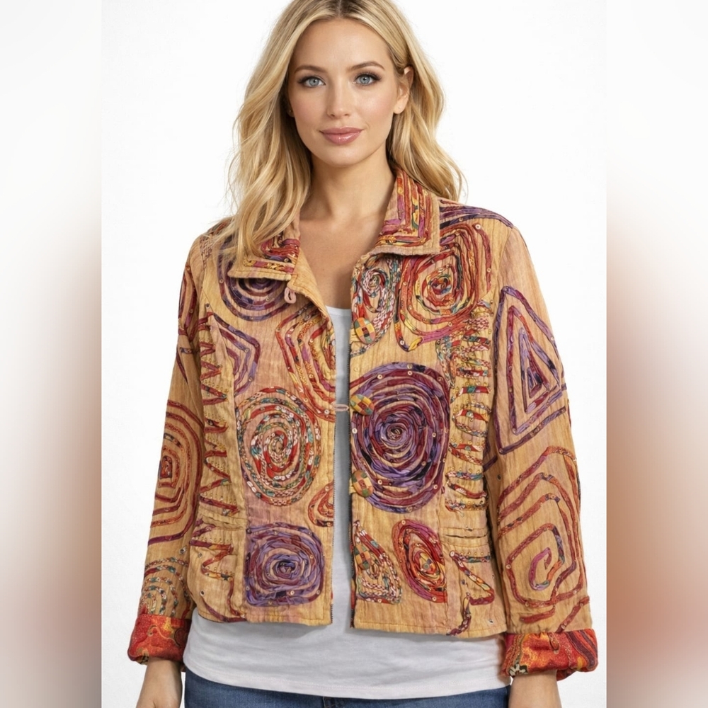 Vintage Anage Artsy Wearable Art Multicolor Lined Jacket Patchwork Sequin Rayon